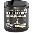 Premium Multi Collagen Peptides Protein Powder (1, 2, 3, 5 & 10) with Vitamin C, Biotin, Hyaluronic Acid, for Hair Skin and Nails - Marine, Bovine, Chicken & Eggshell (Vanilla, 45 Servings)