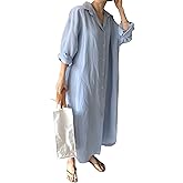 GGUHHU Womens Chic Button Down Rolled-Up Sleeve Long Cotton Blouse Maxi Dress (X-Small, Light Blue)