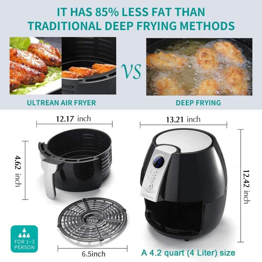 Ultrean Air Fryer, 4.2 Quart (4 Liter) Electric Hot Air Fryers Oven Oilless Cooker with LCD Digital Screen and Nonstick Frying Pot, ETL/UL Certified,1-Year Warranty,1500W (Black): Kitchen & Dining