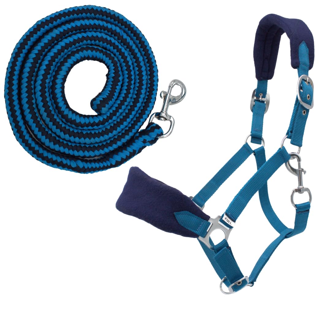 PFIFF Sunny 103103 Headcollar Set, 3-Piece Set Consisting of Headcollar, Knit and Fly Fringes, Individually Adjustable, Blue/Light Blue, Full