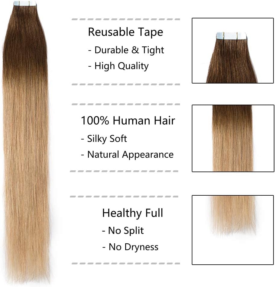 Silk-co Tape in Hair Extensions Human Hair 18inch ombre Real Remy Hair Extension Skin Weft Seamless Invisible Glue (20 Pcs - Image 3