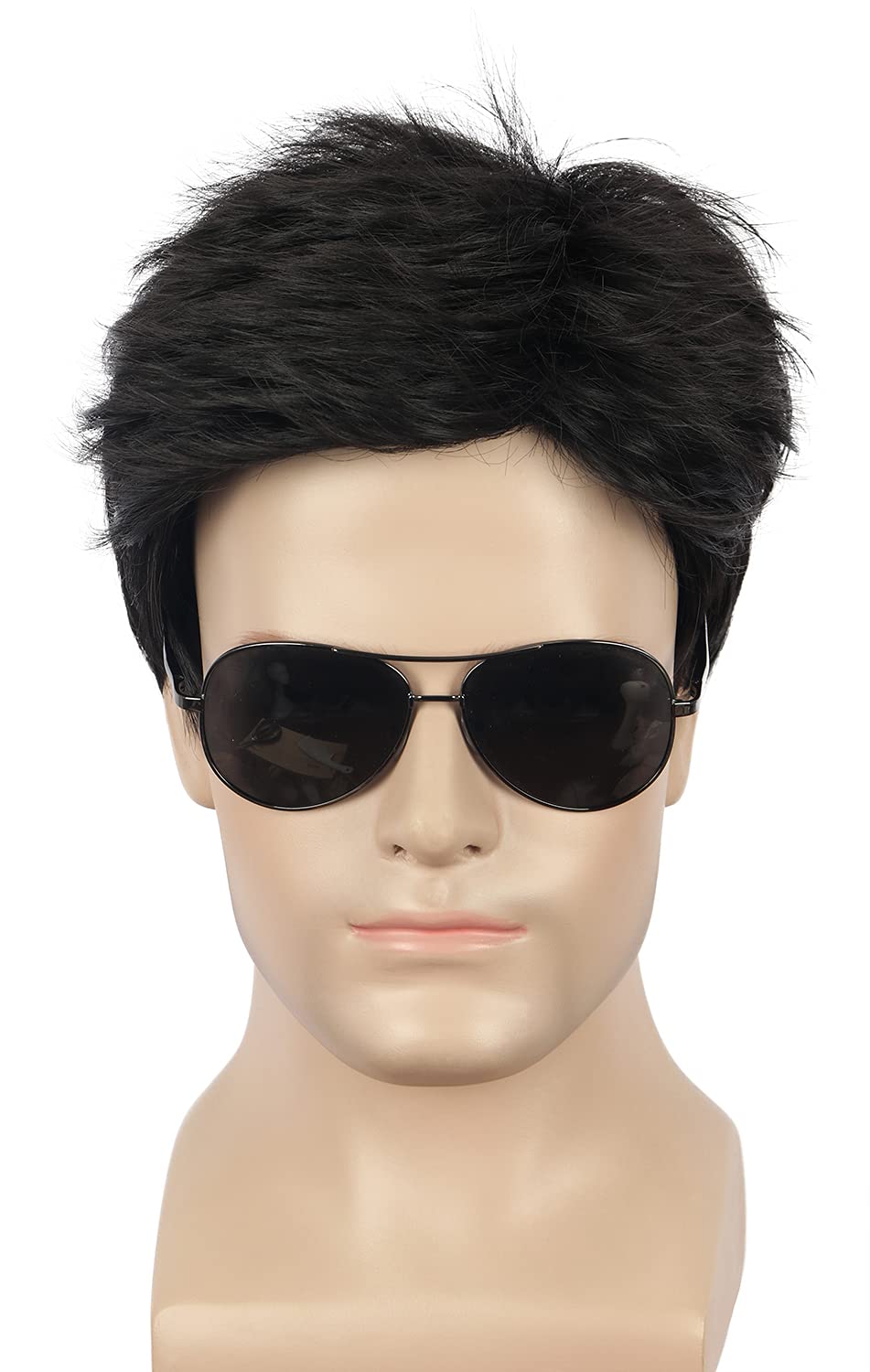 Yuehong Men Short Black Wig Film Cosplay Costume Hair Heat Resistant Synthetic Fibers Durable Breathable Wig