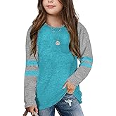 Girls Shirts for 6-13 Years Long Sleeve Raglan Crewneck Tops with Pocket