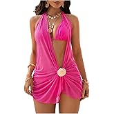 WDIRARA Women's 3 Piece Swimsuits Halter Triangle String Bikini Set with Beach Dress