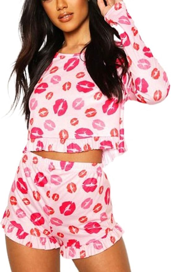 FOBEXISS Women's 2 Piece Valentines Day Pajamas Set Love Heart Printed