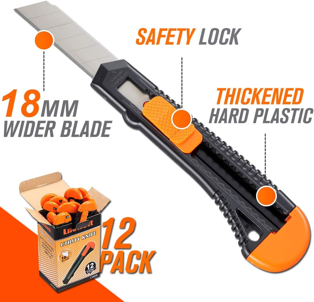 REXBETI 12-Pack Utility Knife, Retractable Box Cutter for Cartons, Cardboard and Boxes, 18mm Wider Razor Sharp Blade, Smooth Mechanism, Perfect for Office and Home use: Office Products
