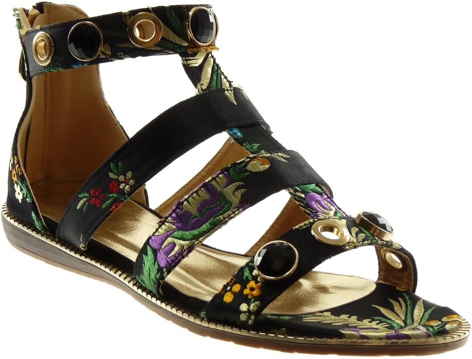 Angkorly - Women's Fashion Shoes Sandals - Ankle Strap - Gladiator - Jewelry - Flowers - Embroidered Flat Heel 1.5 cm