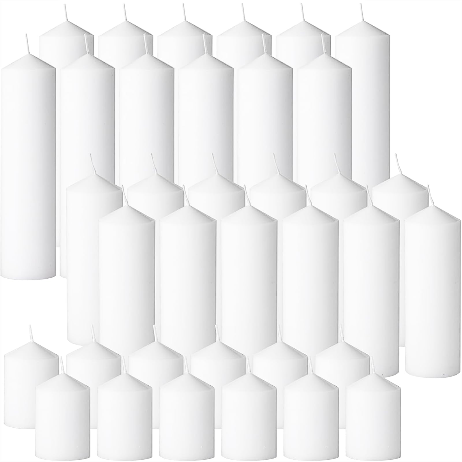 Photo 1 of Veiuwa 36 Pcs White Pillar Candles Bulk Set?Hurricane Candles?3 Different Lengths (12 Each)?Dripless Unscented Smokeless?Gives You a Better Atmosphere When Organizing an Event Party.