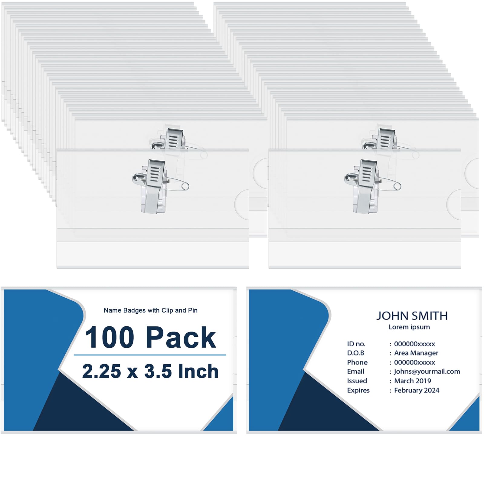 100pcs Plastic Name Badge Holders with Crocodile Clip, Safety Pin 9 x 5.6cm Conference Badges Horizontal ID Card Holder for Company,School