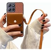 Tuxiwei Crossbody Phone Case with Detachable Lanyard for Motorola G 2026/2025, Moto G Play 2026 Cover Back Wallet Carbron Fiber Pattern | Cash Slots/Card Holder Faux Leather Purse (Brown)