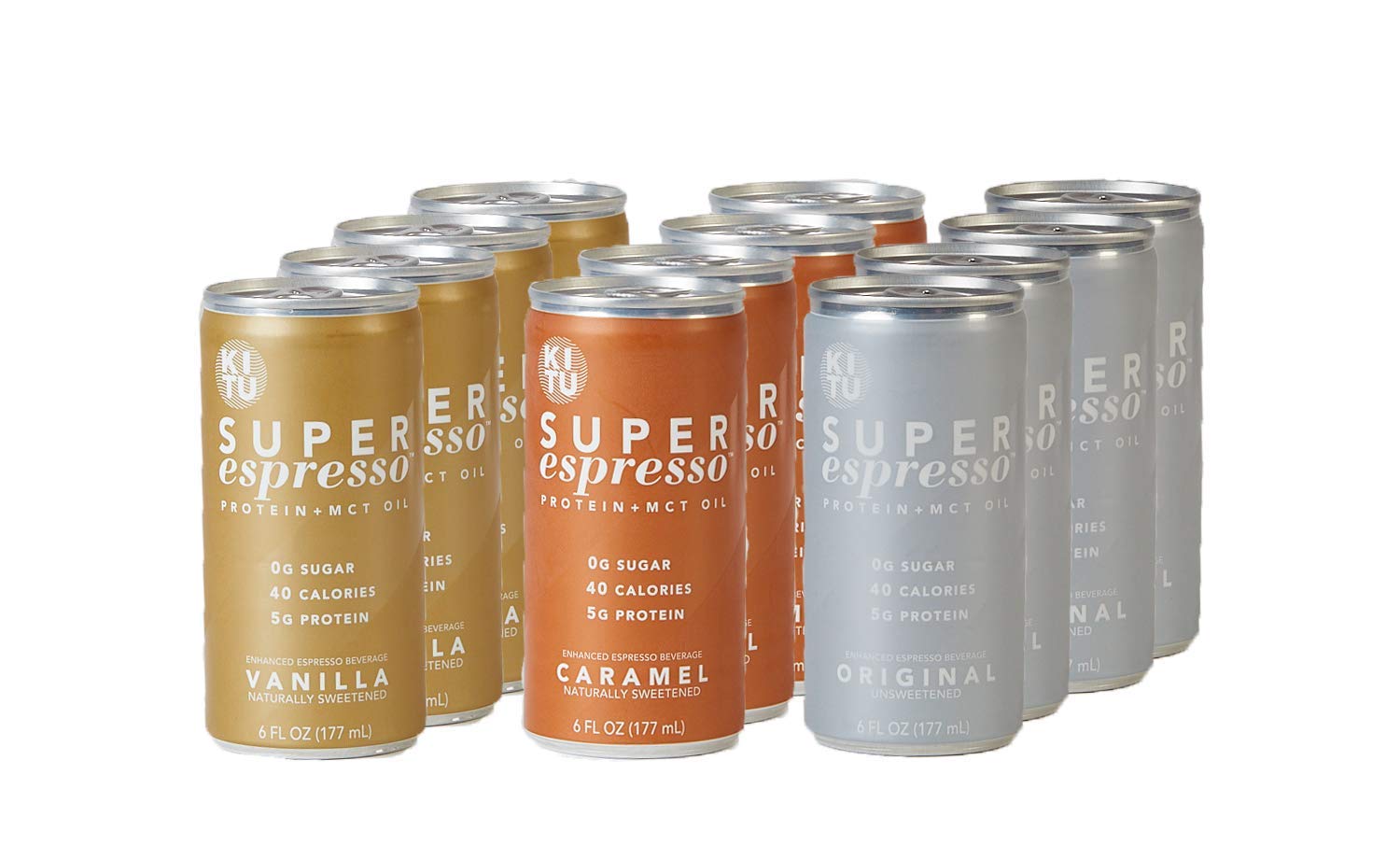 Kitu Super Espresso 12-Pack Variety with Protein and MCT Oil, Keto Approved, 0g Sugar, 5g Protein, 40 Calories, 6 fl. oz (4 Each of Original, Vanilla, and Caramel)