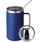 Volhoply 24oz Insulated Coffee Mug with Lid and Straw, Stainless Steel Travel Mugs with Handle, Double Wall Vacuum Leak Proof Coffee Tumbler Cup (Navy,1)