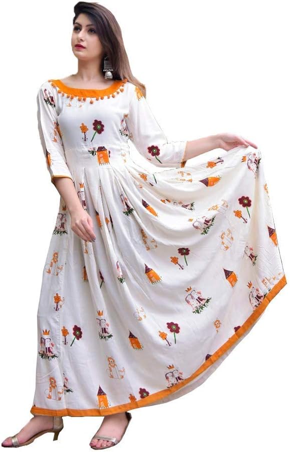Women White Rayon Round Neck Anarkali Kurta