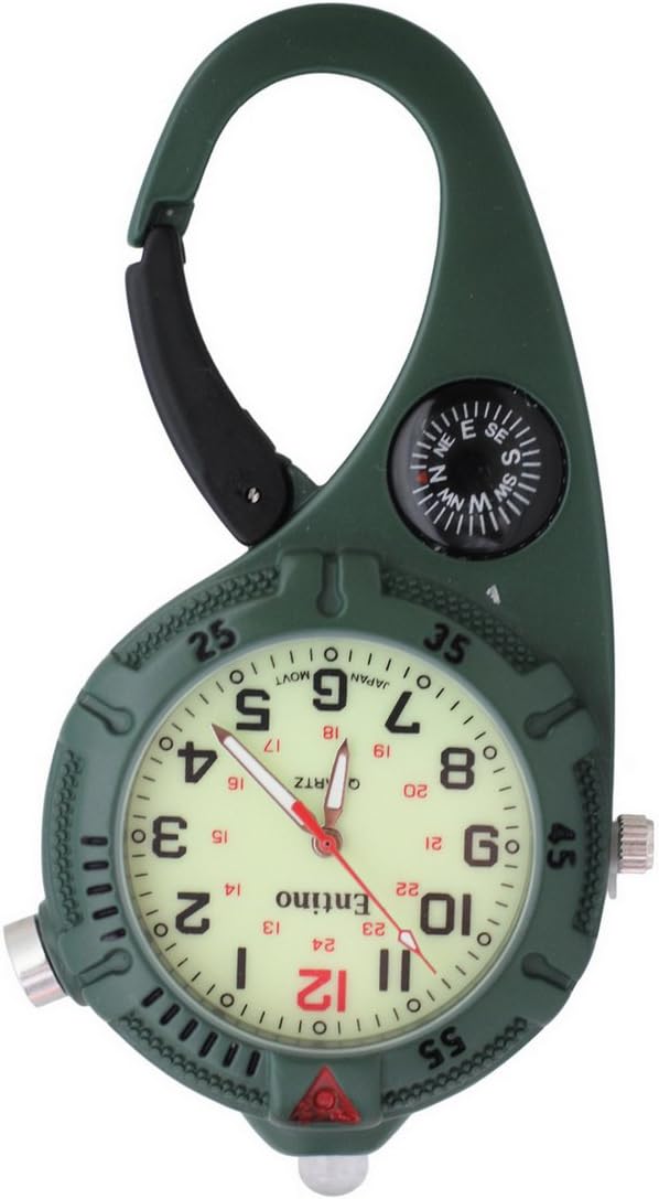 EntinoUnisex Mini Clip FOB Carabiner Watch Compass Bright LED Green Luminous Face Doctors Nurses Analog Display Quartz Movement
