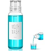 VITVITI Glass Mouthwash Dispenser for Bathroom, 10 OZ Mouth Wash Container Bottle with Lid Cup, Countertop Small Clear Refillable Mouthwash Dispensers Decanter (White)