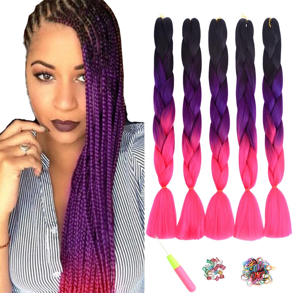 ShowJarlly 5 Packs Ombre Jumbo Braid Hair, Black/Purple/Peach Kanekalon Hair African Braid Extension, 24inch Box Braid Hair Extensions Synthetic Colorful Hair Extensions for Braiding
