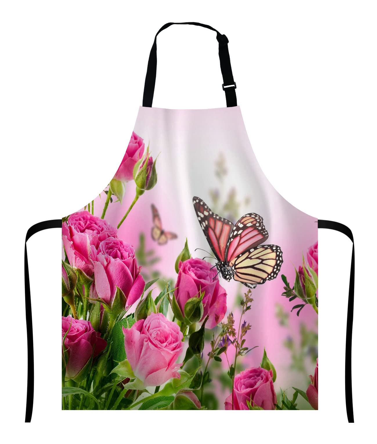 Wasach Flower Decor Butterfly Fliying on the Pink Rose Apron,Adjustable Neck Bib for Men Women,Suitable for Kitchen Cooking Waitress Chef