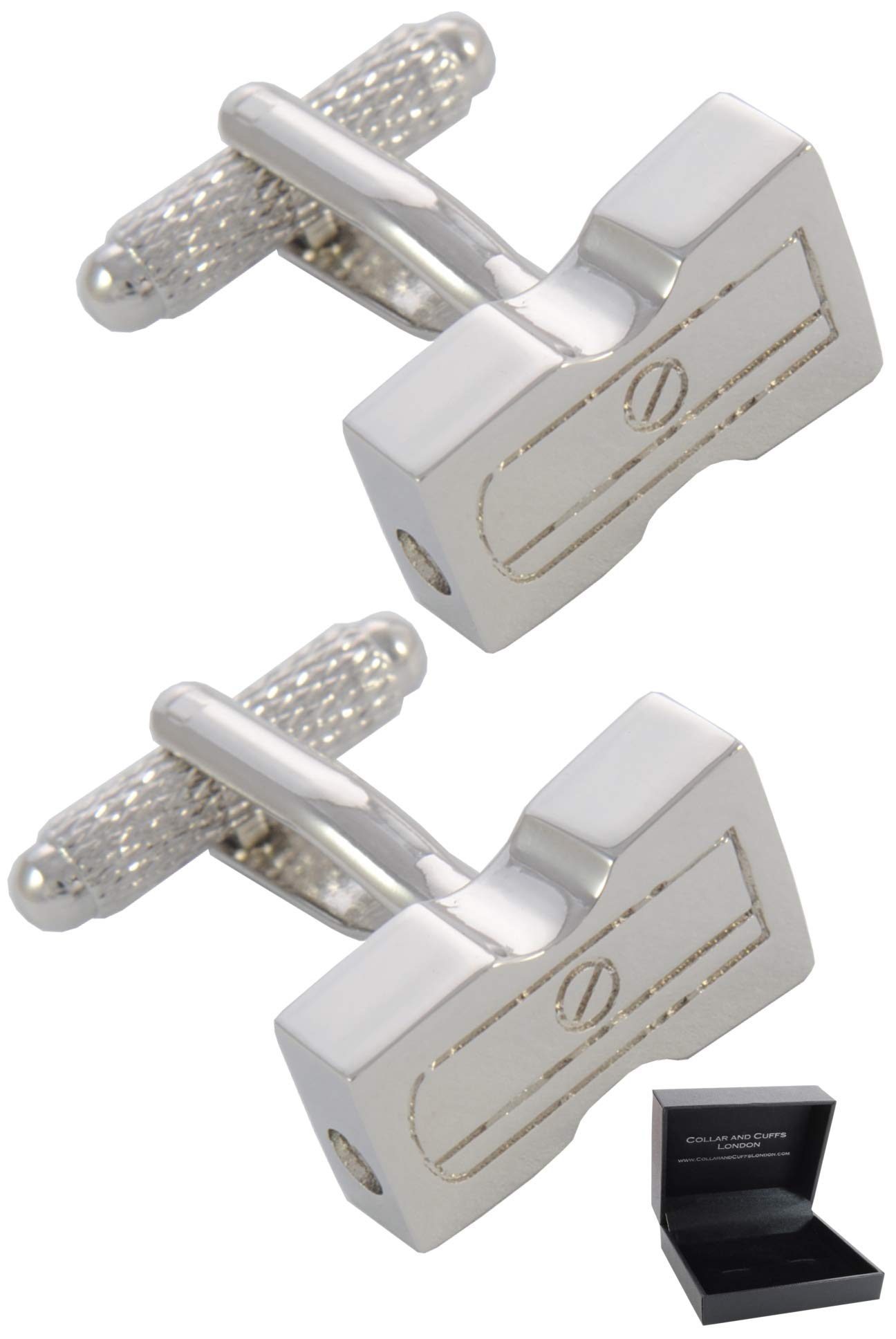 Cufflinks for Men + Presentation Box - Silver Colour - Pencil Sharpener - Solid Brass Metal - School Teacher Craft Art Artist Sketch Architect Engineer - One Pair