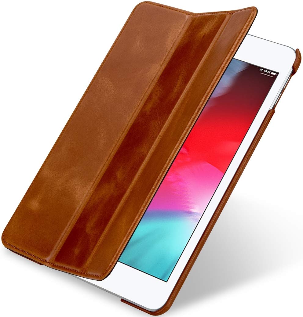 StilGut Genuine Leather Case Compatible with Apple iPad mini 5 (7.9" 2019), Couverture Smart Cover with Stand Function, Cognac Brown