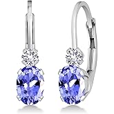 Gem Stone King 14K White Gold Blue Tanzanite and White Created Sapphire Leverback Earrings For Women | 0.98 Cttw | Gemstone December Birthstone | Oval 6X4MM, Round 2MM | 3/4 Inch