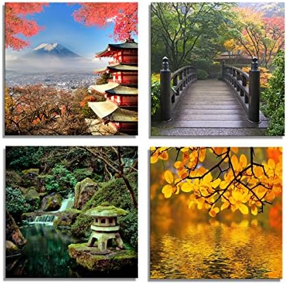 Yang Hong Yu Canvas Prints Fuji Mountain Across Lake, Temple Bridge Photos on Canvas Japanese Style Wall Art Framed Modern Decor Paintings Giclee Artwork for Home Decoration 12x12inch