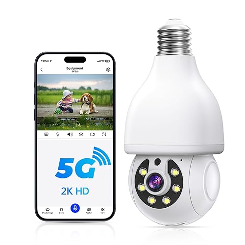 Light Bulb Security Camera, 5G& WiFi 2K Security Cameras Wireless  Outdoor Motion Human Detection,Two-Way Talk,Full Color Night Vision,Siren 