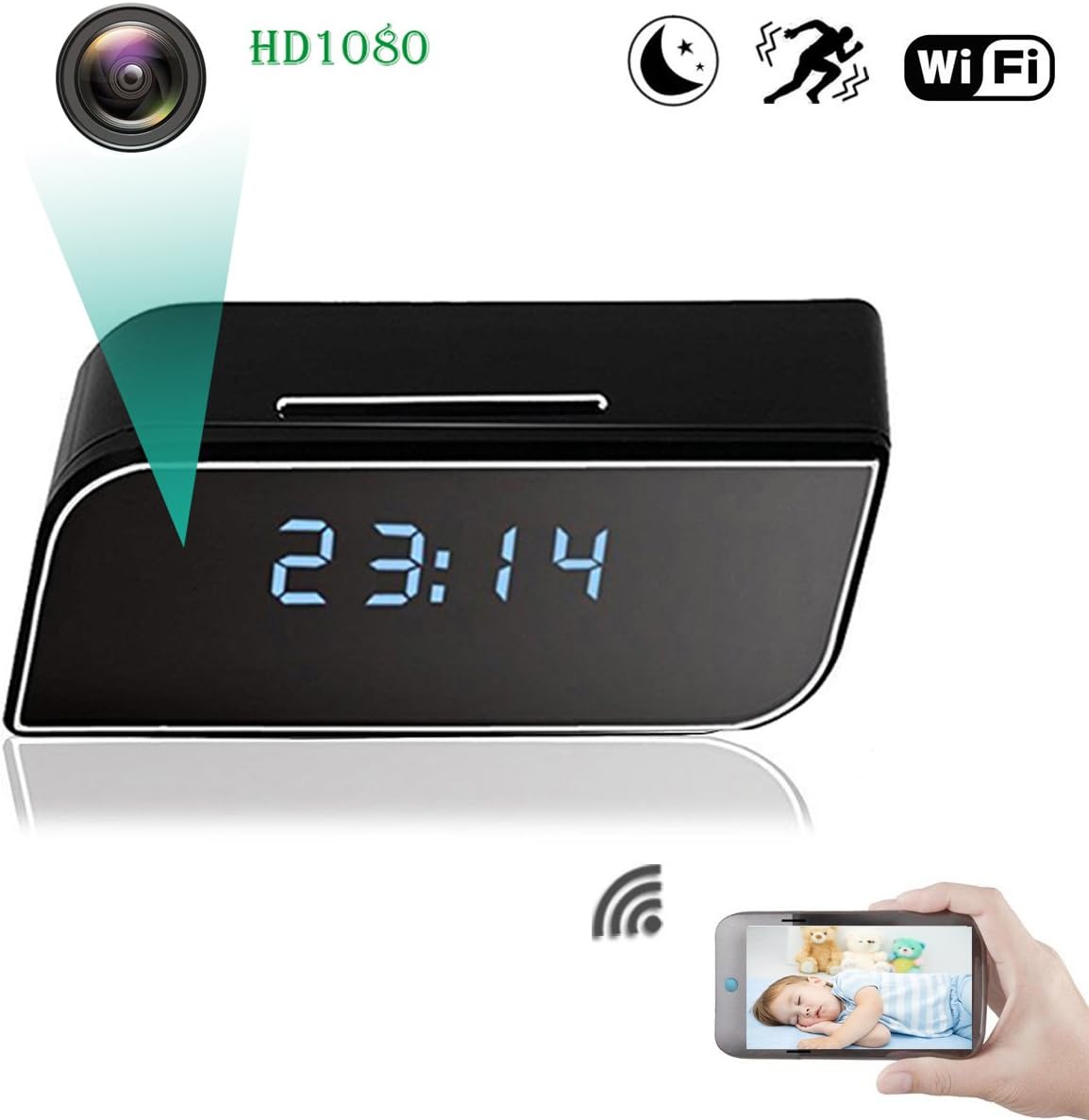 WiFi Spy Hidden Camera, ZDMYING HD1080 Alarm Clock Security Camera Motion Detection Night Vision Loop Recording, Up to 64G Storage SD Card for Nanny Home Office (iPhone, Android and PC)