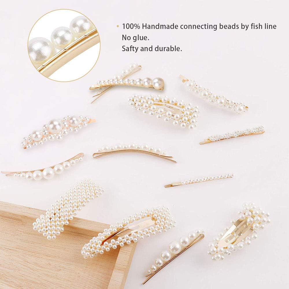 Pearl Hair Clips for Girls Women Ladies 12pcs Pearl Barrettes/Bobby Pins/Snap Clip/Hair Slides for Prom Party Wedding Elegant Handmade Hair Accessories,White & Gold - Image 3