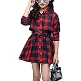 Raroauf Girls' Kids Long Sleeve Check Plaid Dresses,Little & Big Girls' Collar Neck Casual Button Down Shirt Dress