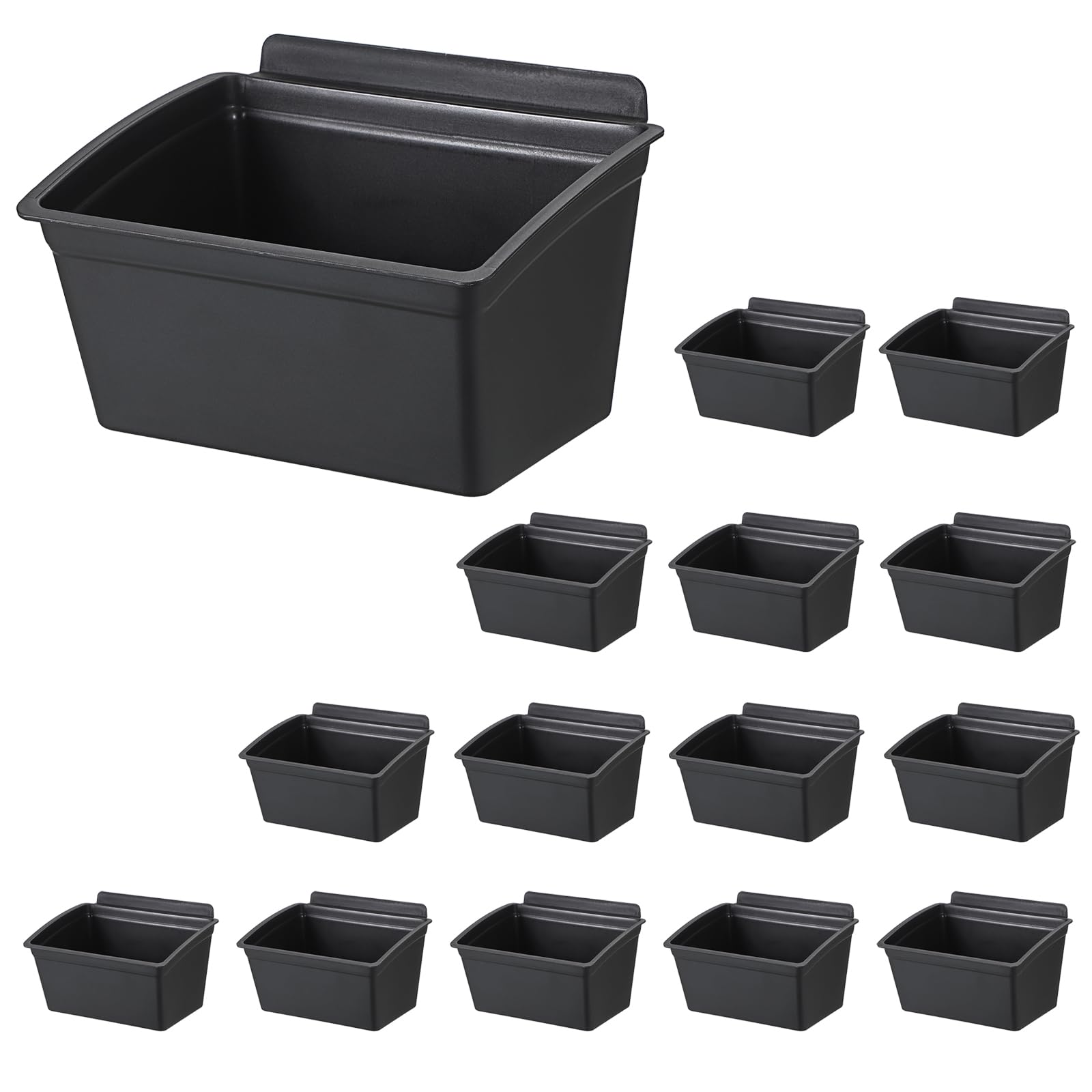 IGNPION 15pcs Plastic Storage Bins -Garage Wall Panel Baskets for Tools Hardwares Crafts Organiser- Black SlatWall Board Accessories Display Baskets for Workshop, Retail Shop, Office, Kitchen