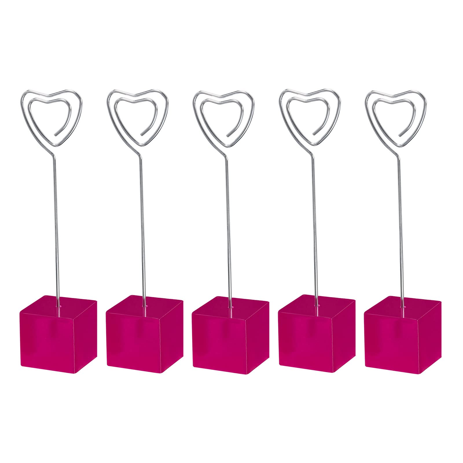 PATIKIL Resin Cube Base Picture Card Holder, 5 Pack Heart Shape Metal Clip Wire Clip Note Table Stand Holder for Party Meeting Wedding Displaying, Pink