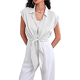 Poplab Womens Solid Button Down Shirts Short Sleeve Tie Front Collared Blouses Casual Petite Work Tops, White, L