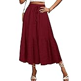 HELYO Women's Casual Skirts Boho Elastic Waisted Flowy Drawstring Ruched Length A Line Tiered Midi Dress Skirt 8628