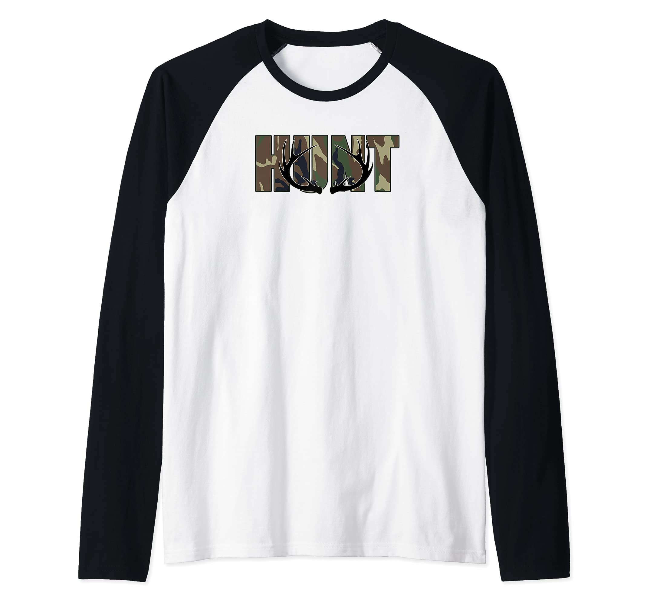 Deer Hunting Camo Hunt Whitetail Buck Antlers Raglan Baseball Tee