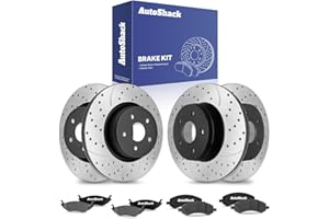 AutoShack Front Vented & Rear Vented Drilled & Slotted E-Coated Brake Rotors + Ceramic Pads 12-PC Brake Kit Replacement for 2