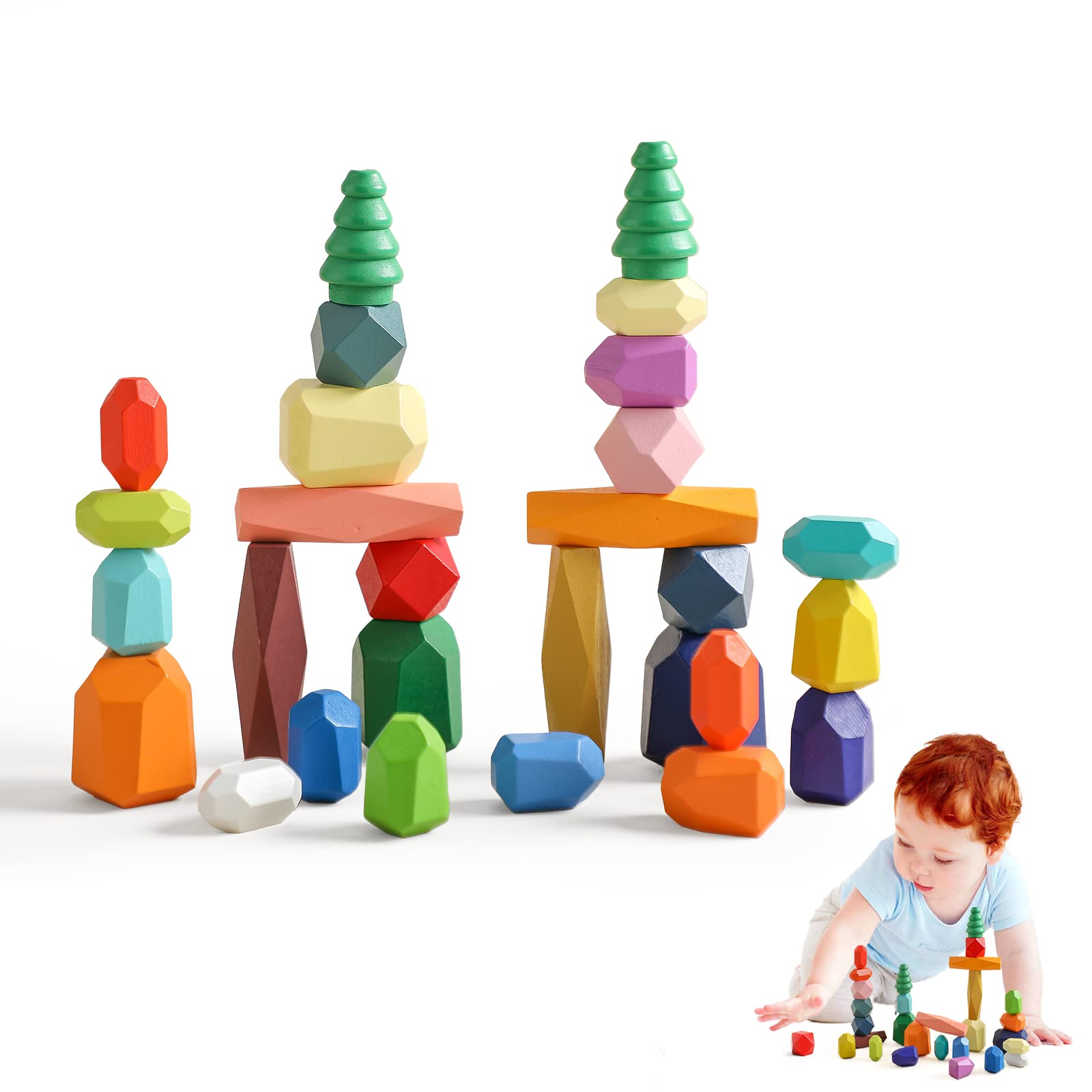 Promise Babe Montessori Wooden Toys,28 PCS Rainbow Forest Tree Stacking Stones Balancing Stones Building Stones Balance Stones, Wooden Stacking Toys Sorting Stacking Balancing Stone Toys Deco Gift Set
