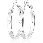 OOOPEL Sterling Silver Hoop Earrings for Women Gold Silver Large Hoops with Zirconia and Heart Engraving Hypoallergenic 4mm Wide Big Hoop Earrings for Women (30/40/50/60mm)