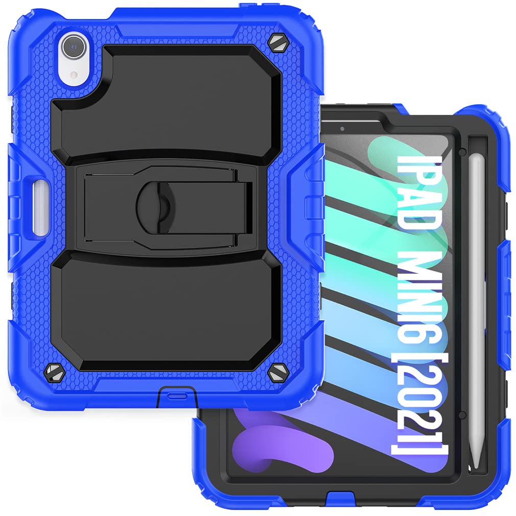 Case Suitable for iPad Mini 6th Generation 8.3 Inch 2021 with Invisible Folding Stand, Heavy Duty Rugged Shockproof Protective Case with Pencil Holder, Blue
