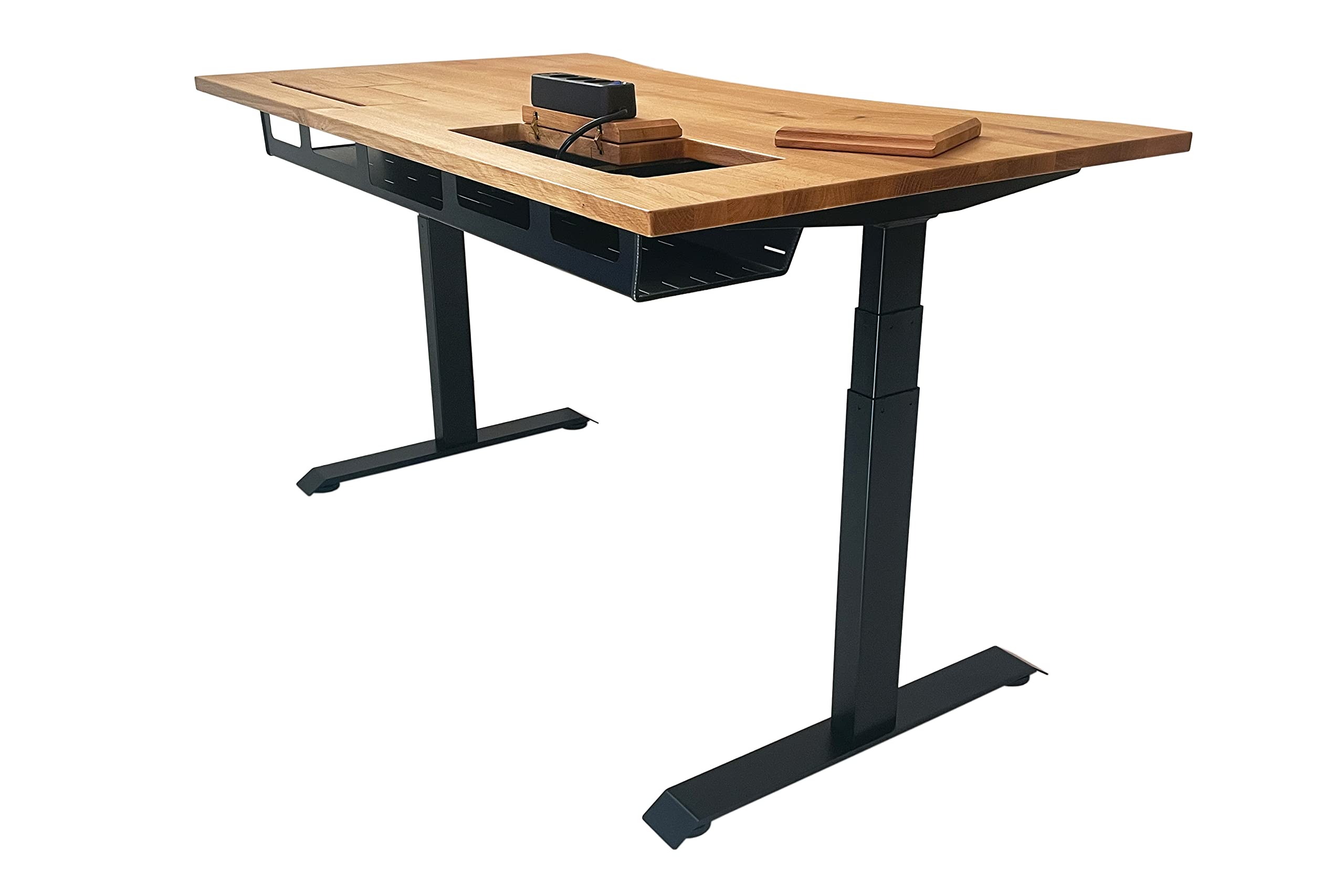 ErgoHide® Höhenverstellbarer Schreibtisch aus Massivholz mit erweitertem Kabelmanagement/Kabelkanal (Eiche, Schwarz, Ergonomisch, 150x80cm)