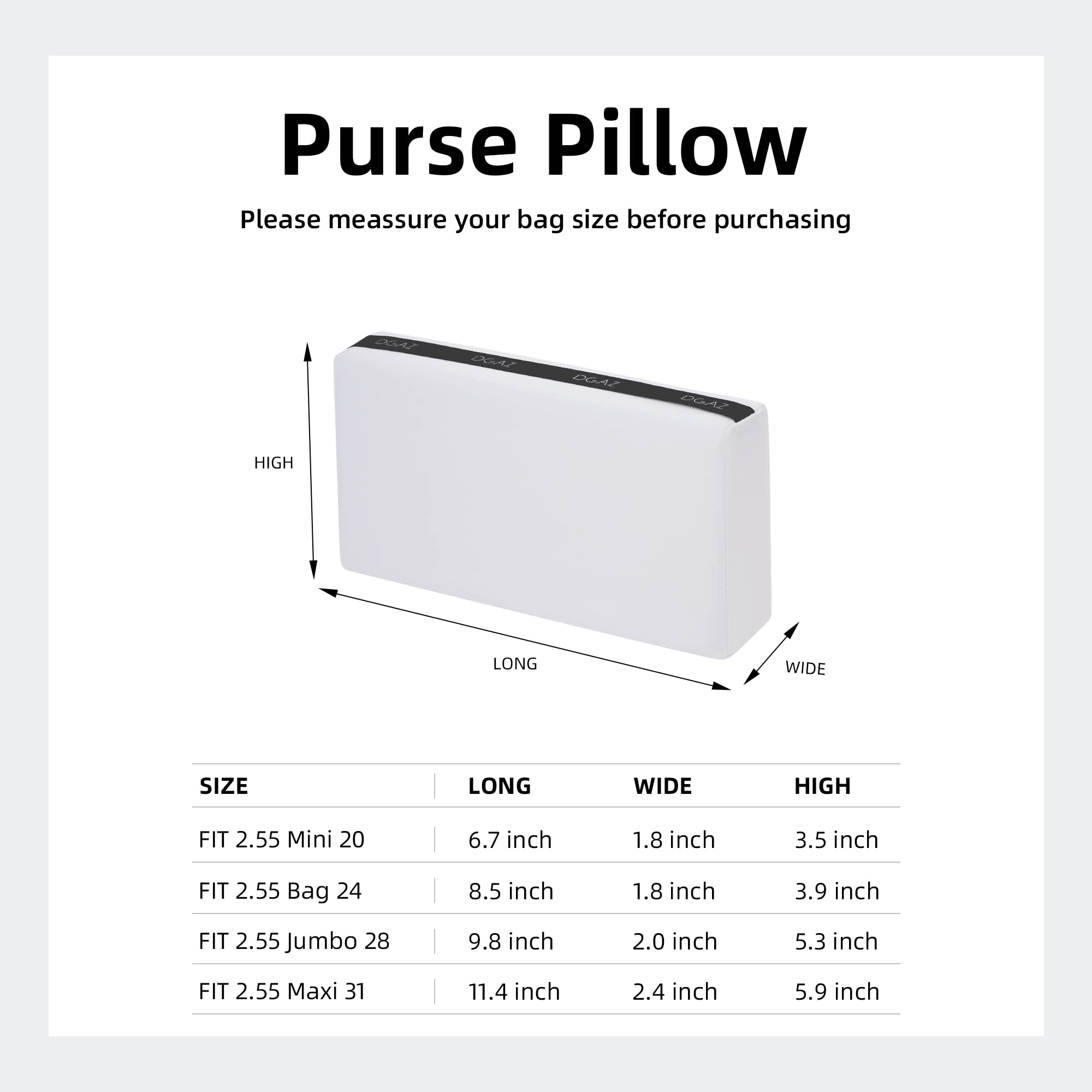 DGAZ Bag Pillow Shaper Insert for Chanel 2.55 Bags, Silky Pillow Shaper for Luxury Handbags（White,Bag 24）