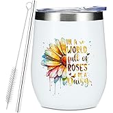 Watercolor Daisy Wine Tumbler, 12 oz Tumbler with Lid, Straw Insulated Wine Glass Stainless Steel Travel Coffee Mug,Inspirational Daisy Decor Gifts for Women Girlfriend Bestie Christmas Halloween