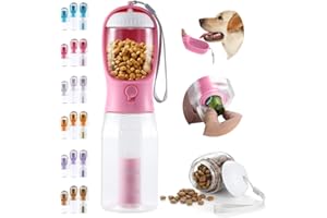 Paoakaola Dog Water Bottle 3 in 1, Leak Proof Portable Pet Water Bottle with Food Container & Poop Bag Dispenser, Water Dispenser for Dog, Puppy for Walking, Hiking, Camping, Travel (20oz Pink)