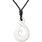 81stgeneration Hand-Carved Bone Large Single Twist Pikorua and Koru Spiral Pendant - Men's Surfer Accessories - Handmade Tribal Black Cord Necklace - Maori-Style Natural Boho Jewelry for Women