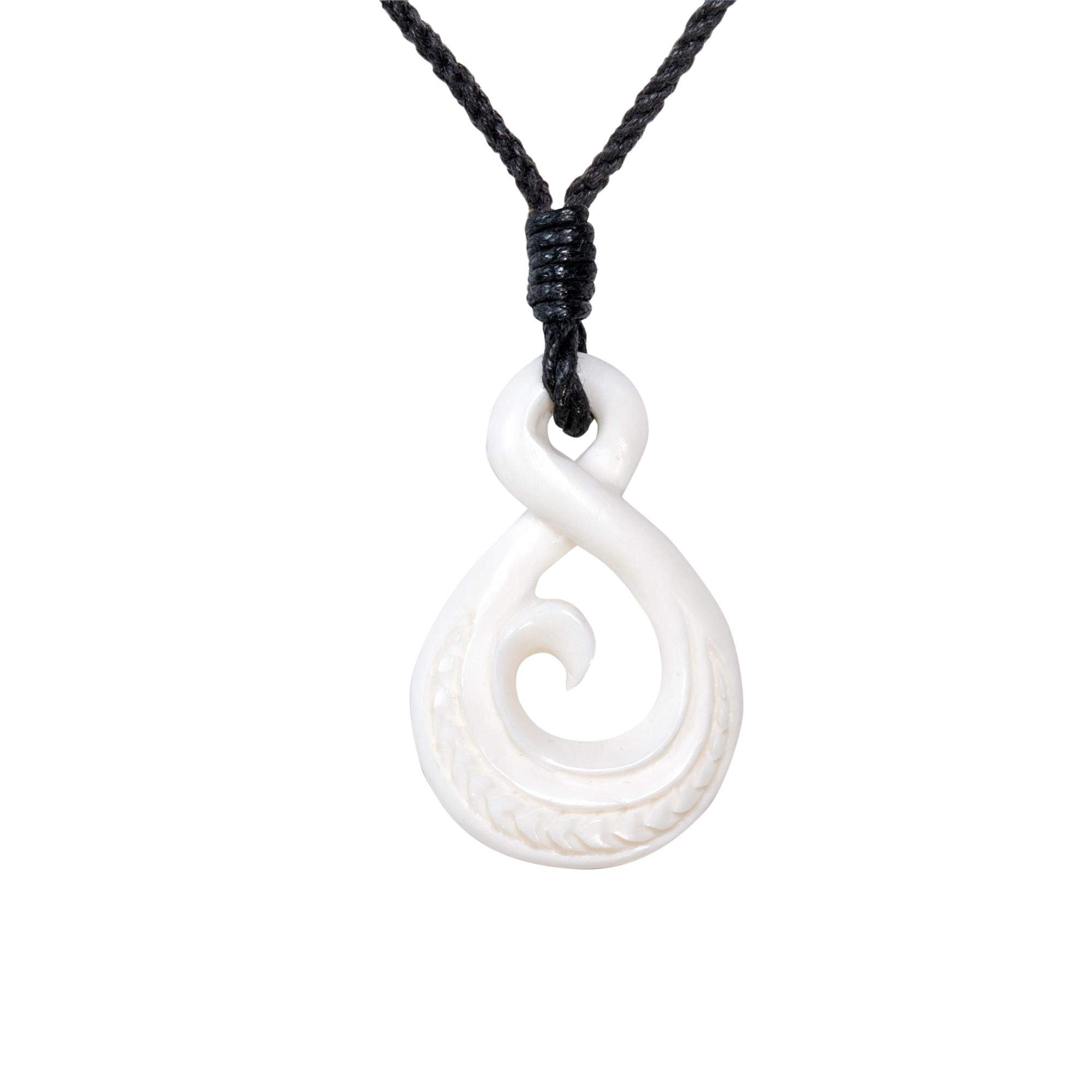 81stgeneration Hand-Carved Bone Large Single Twist Pikorua and Koru Spiral Pendant - Men's Surfer Accessories - Handmade Tribal Black Cord Necklace - Maori-Style Natural Boho Jewellery for Women