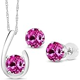 Gem Stone King 10K White Gold Pink Created Sapphire Pendant Earrings Jewelry Set For Women | 3.00 Cttw | Gemstone September Birthstone | Round 6MM | with 18 Inch Chain