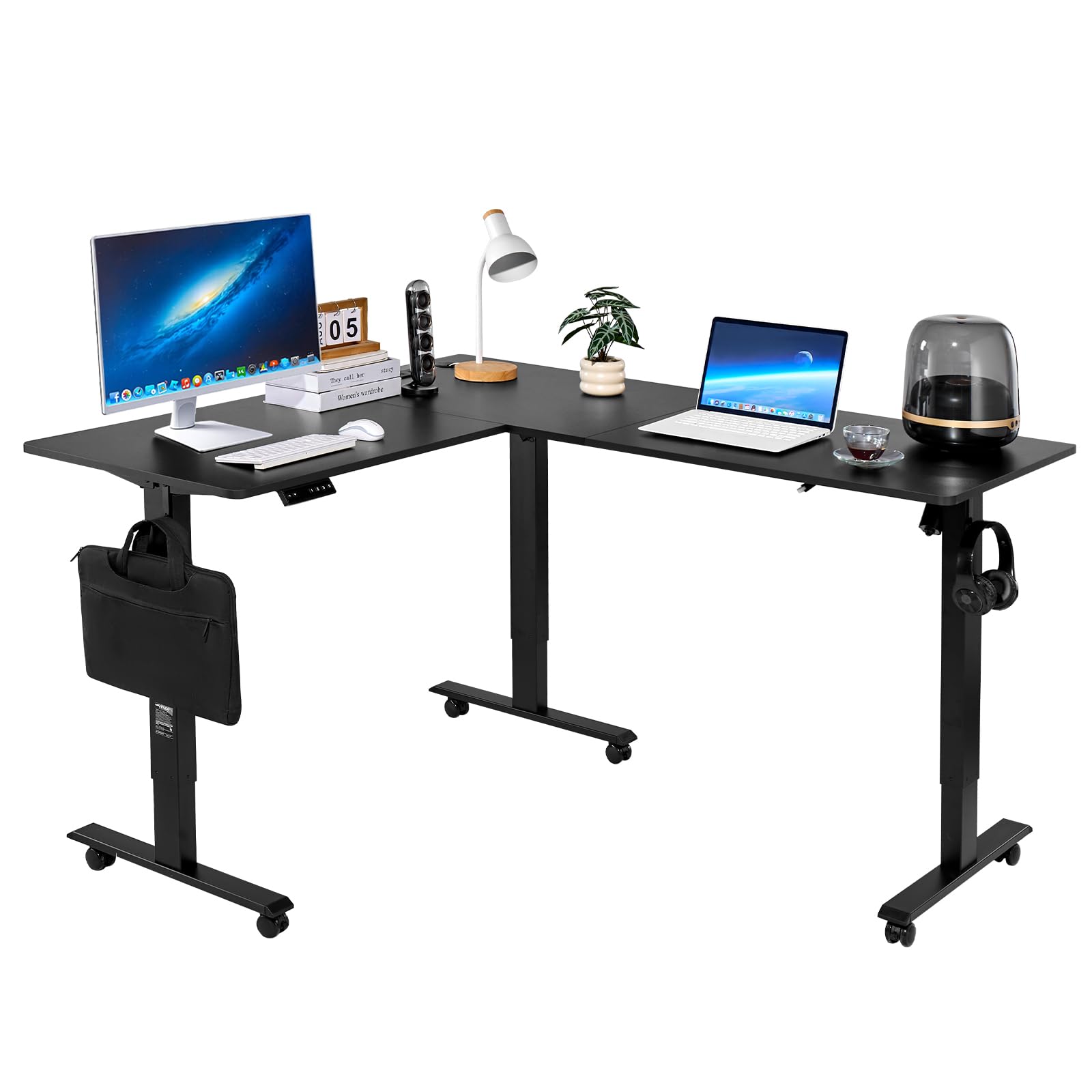 Photo 1 of VEVOR L Shaped Standing Desk Adjustable Height, 63 x 55 inch Electric Corner Standing Desk with Power Outlet, 4 Wheels and 2 Hooks, Heavy Duty Carbon Steel Sit Stand Computer Table, Easy to Assemble