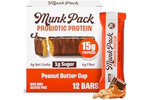 Munk Pack Peanut Butter Cup Probiotic Keto Protein Bars Stocking Stuffers | 15g Plant Protein, 1g Sugar, 4g Net Carbs | Non-GMO, Plant-Based, Low Sugar, Gluten-Free Snacks | 12 Count