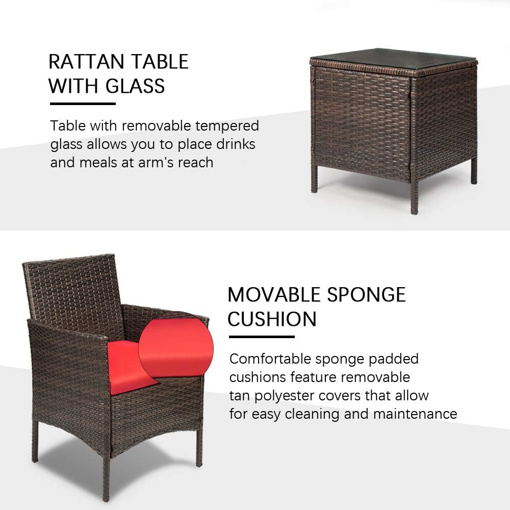 Devoko Patio Porch Furniture Sets 3 Pieces PE Rattan Wicker Chairs with Table Outdoor Garden Furniture Sets (Brown/Red): Garden & Outdoor