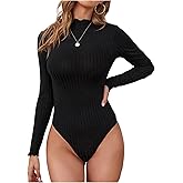 WDIRARA Women's Lettuce Trim Ribbed Knit Tee Top Mock Neck Long Sleeve Bodysuit