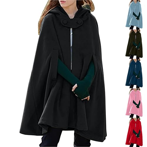 Ladies Fleeces Women's Hooded Cape Mid-Length Cloak Fleece Jaket Windproof Autumn Trench Coats Winter Wool-Blend Button Cardigan Hoodies Long Hoodie Sweatshirt Halloween Christmas Outwear Tops